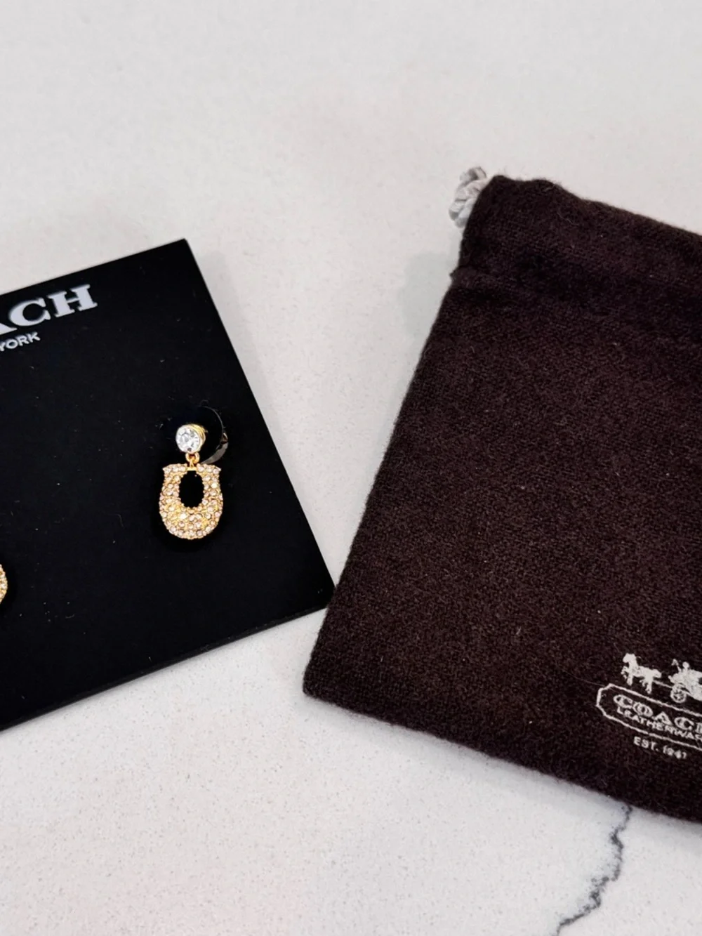 Coach Signature Pave tiny earrings 18K gold plated brass NWOT - Picture 3 of 7